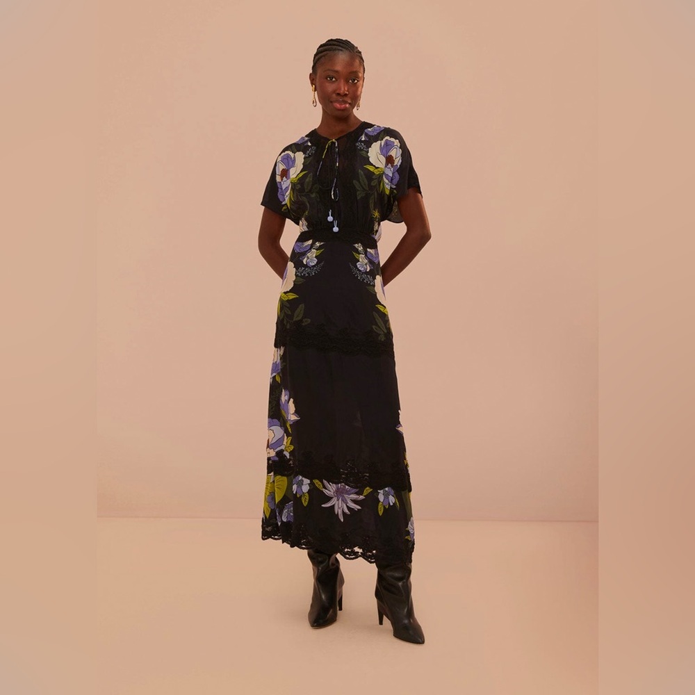 Farm Rio Black Soft Garden Lace Maxi Dress - Picture 1 of 10